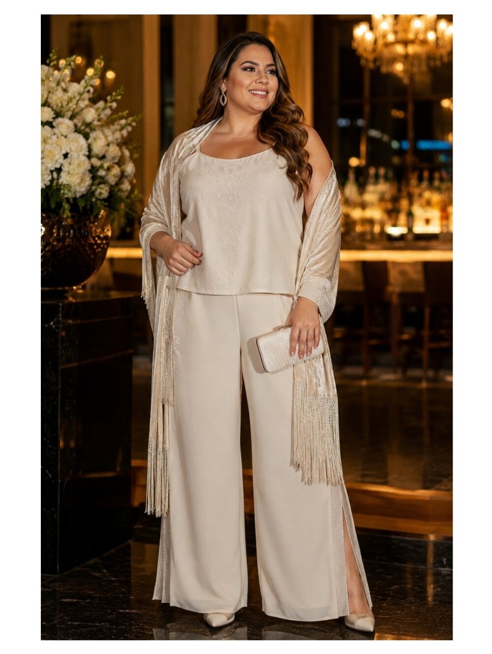 Karen Miller Womens 24 Formal 2-Piece Set Beaded Tank Top Wide-Leg Pants Cream